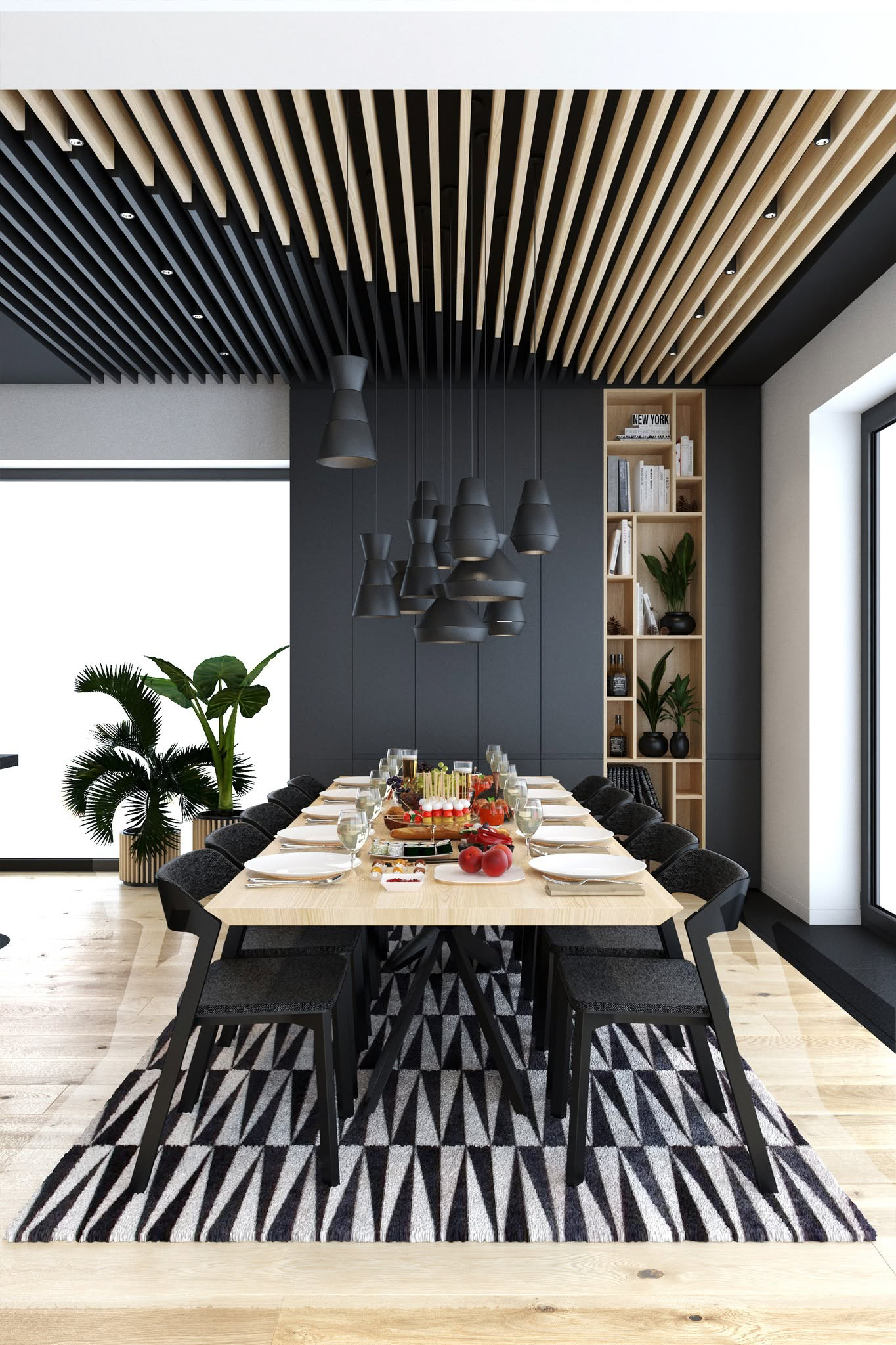 Projekt jadalni w nowoczesnym domu pełnym drewna - architektura wnętrz